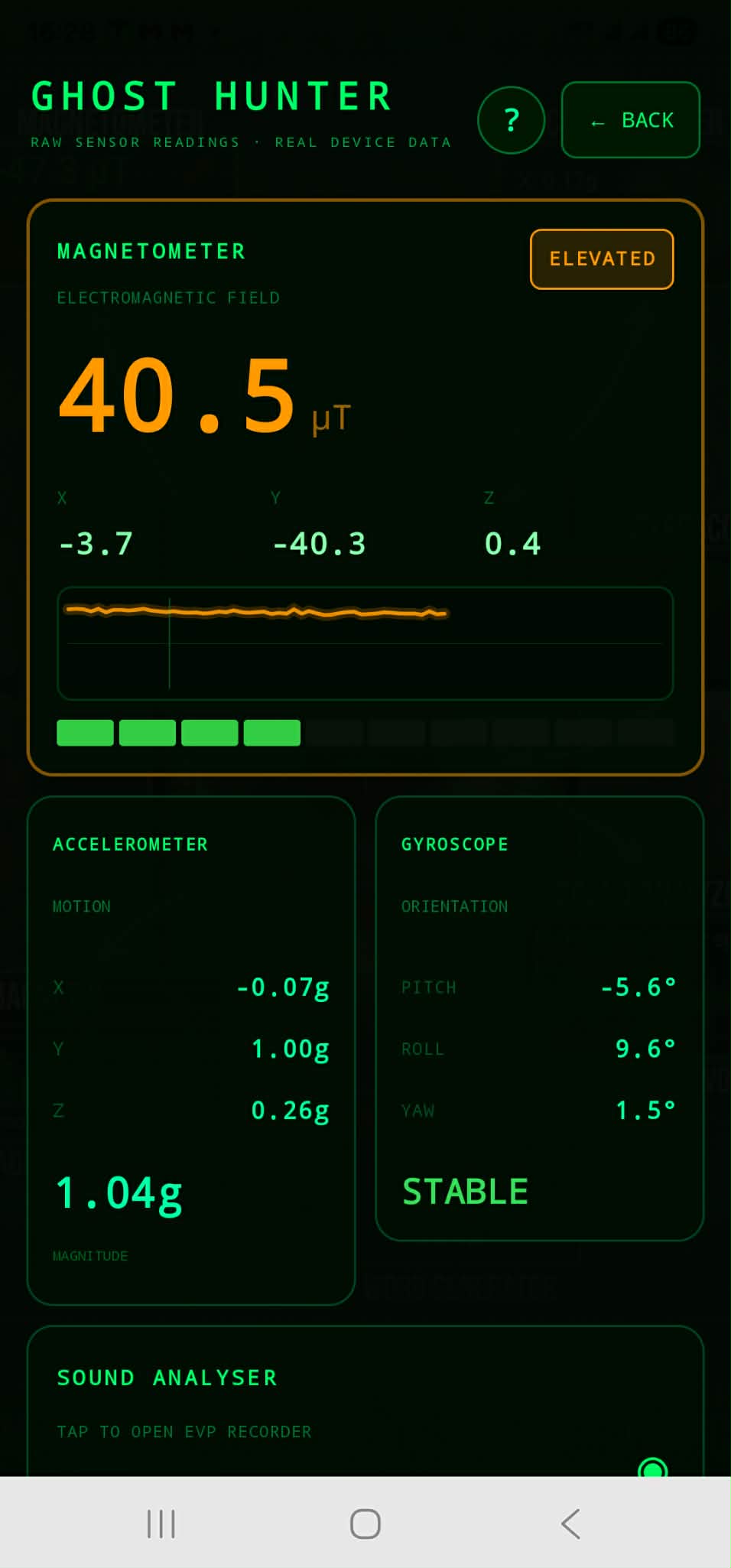 EMF, accelerometer and gyroscope sensor readings